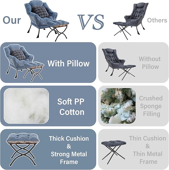 Lazy Chair with Ottoman, Comfy Reading Chair with Footstool & Throw Pillow - Image 5