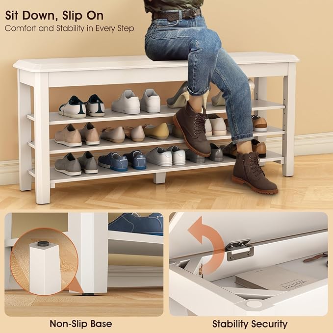 Shoe Rack Bench Seat Rubberwood 3-Tier Wooden Storage Bench 550lbs Compact - Image 7