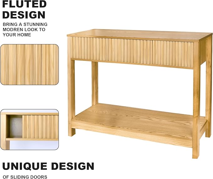 Long Console Table with Storage, Fluted Entryway Slim Sofa Tables Behind Couch - Image 4