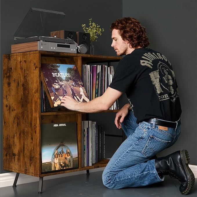 3 Tier Record Player Stand, Flip Top Record Player Cabinet, Mid Century Record - Image 2