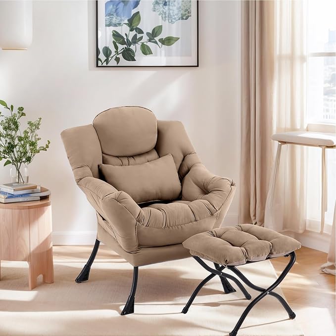 Lazy Chair with Ottoman, Modern Lounge Armchair with Lumbar Pillow, Accent Cozy - Image 3