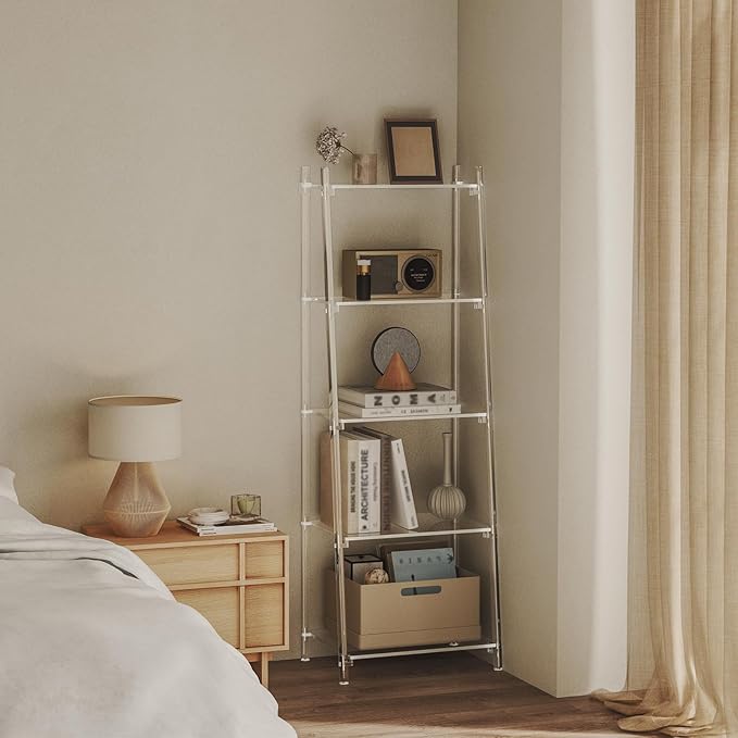 Acrylic Ladder Bookshelf, 13.8" D x 20.5" W x 59" H, 5-Tier Tall Clear Bookcase - Image 6