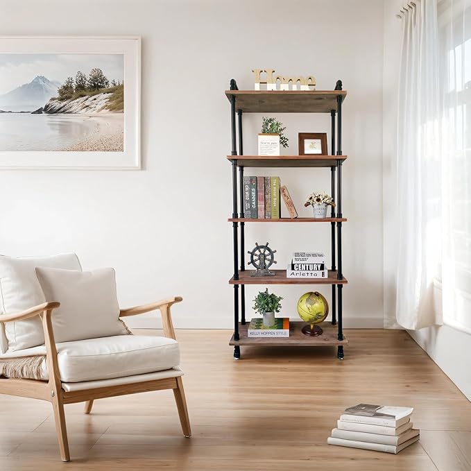 Industrial Bookshelves, Wood Pipe Bookshelf, 5 Shelf Rustic Display Storage by ANYNICE