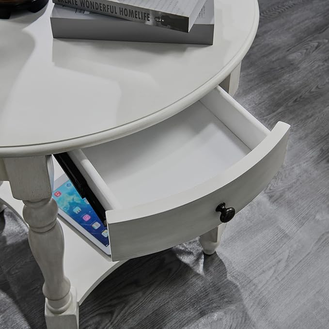 MODERION Oval End Table with Drawer, Solid Wood Sofa Side Storage Shelf - Image 5