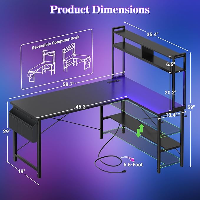 Aheaplus L Shaped Desk Gaming Desk, Reversible Home Office Desk Gamer Desks - Image 2