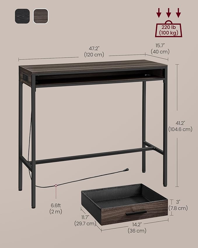 VASAGLE Bar Table with Power Outlets, 47.2 Inches Long Bar Height Pub Table - Image 3