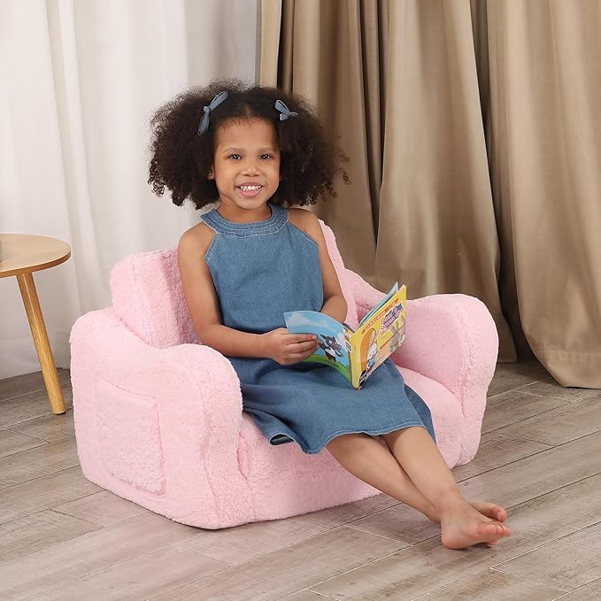 Comfy Toddler Chair, 2-in-1 Toddler Couch Fold Out, Convertible Sherpa Sofa to - Image 2