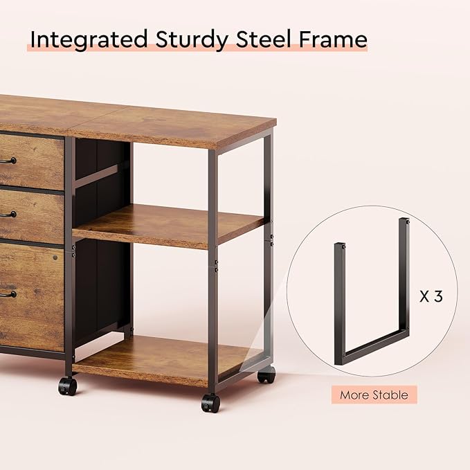 3 Drawer File Cabinet with Wheels Rolling Printer Stand with Open Storage Shelf - Image 9