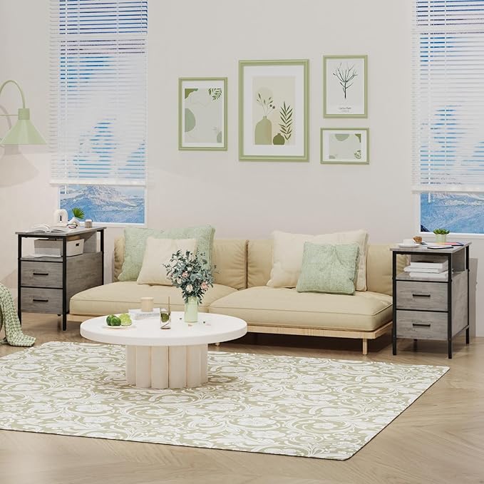 End Table with Charging Station, Narrow Side Table with 2 Fabric Drawer & - Image 9