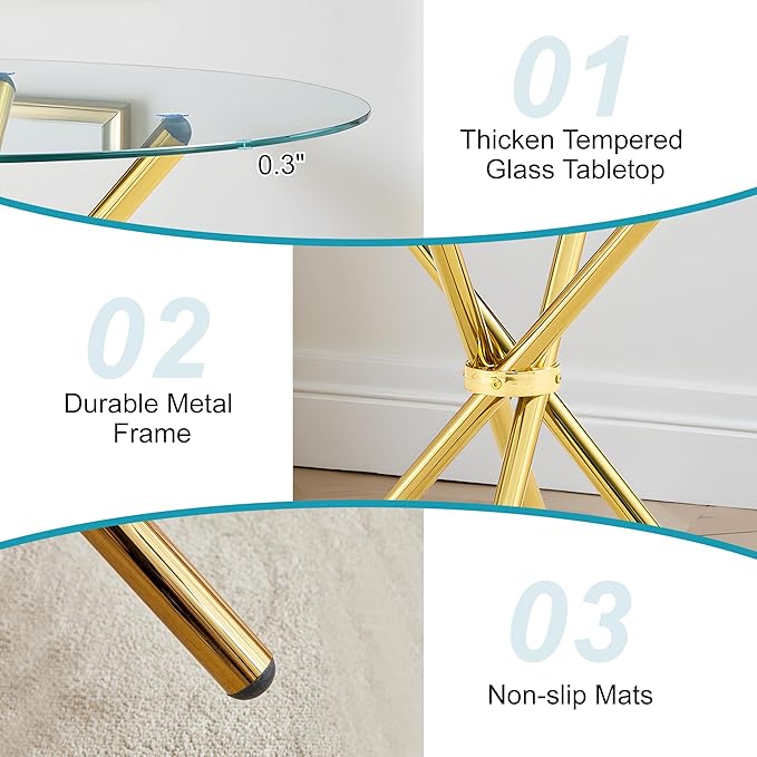 Kitchen Table for 2 Modern 36.6" Round Glass Table Small Tables - Image 5