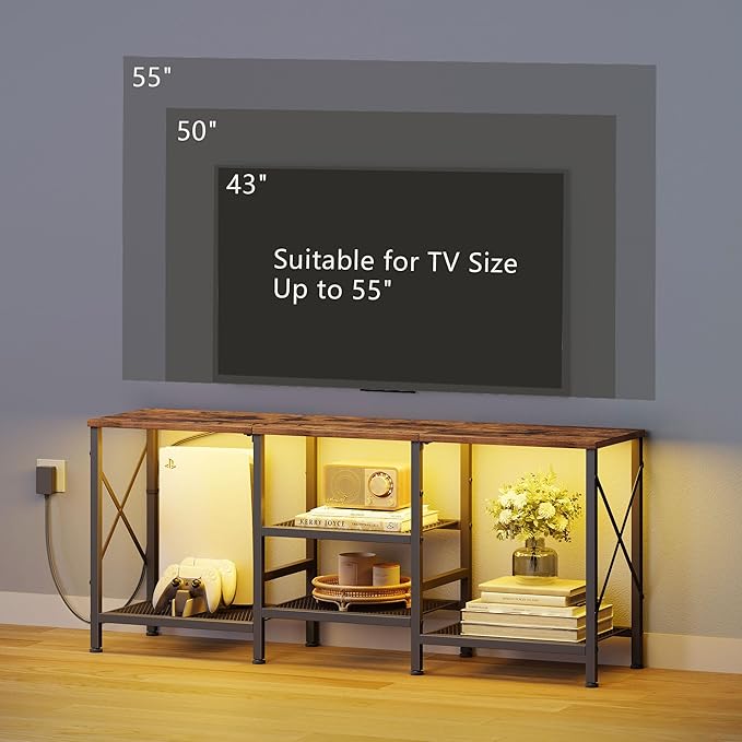 TV Stand with LED Lights for 55 Inch TV, Entertainment Center with 3-Tier Open - Image 7