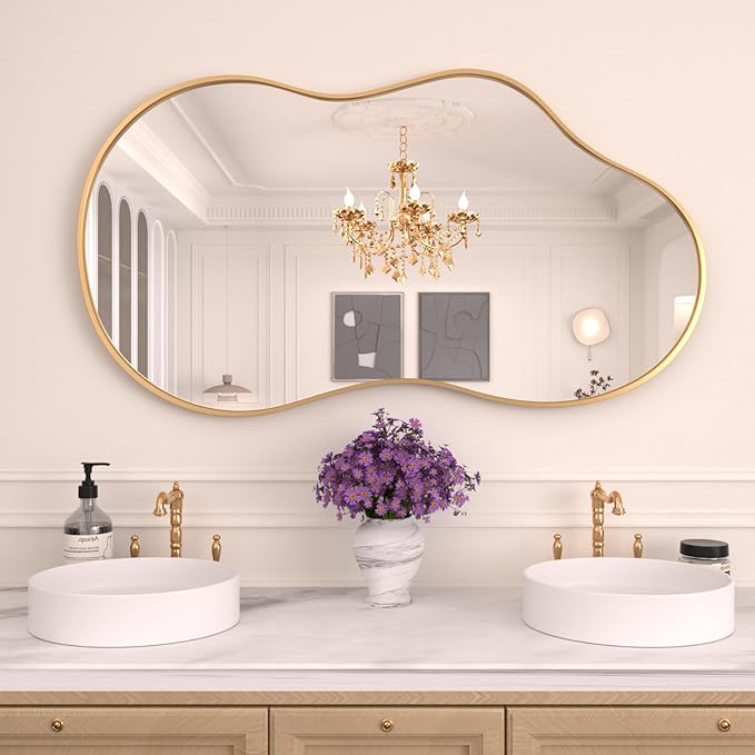 WEER Irregular Wall Mirror, 26x46 inch Gold Asymmetrical Mirror Wall Mounted by WEER
