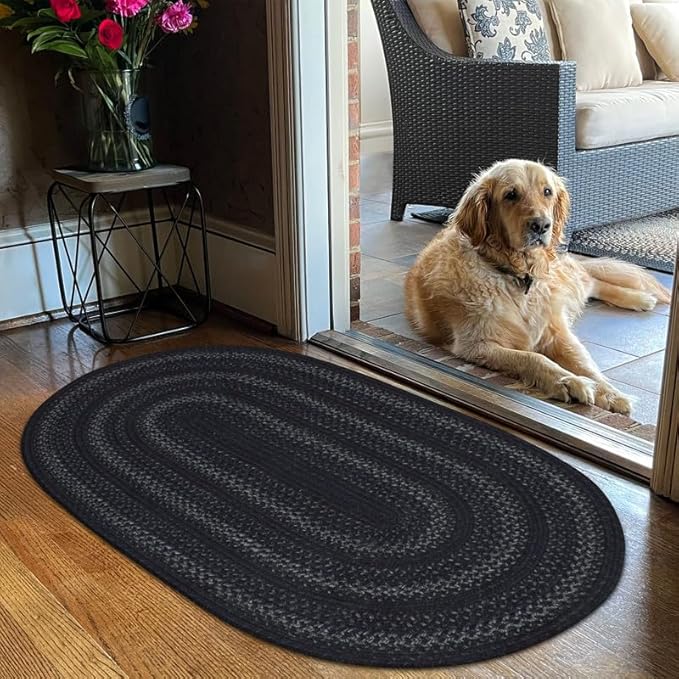 Homespice Jet Black Entryway Rug 2x3', Perfect Rustic Oval Rug by Homespice