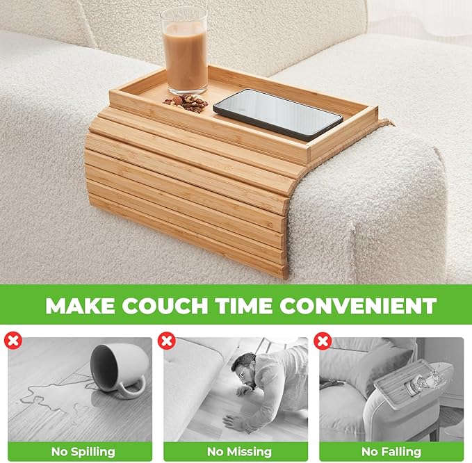 Bamboo Sofa Arm Tray, Anti Falling Couch Arm Tray Table, Foldable Couch Armrest - Image 2