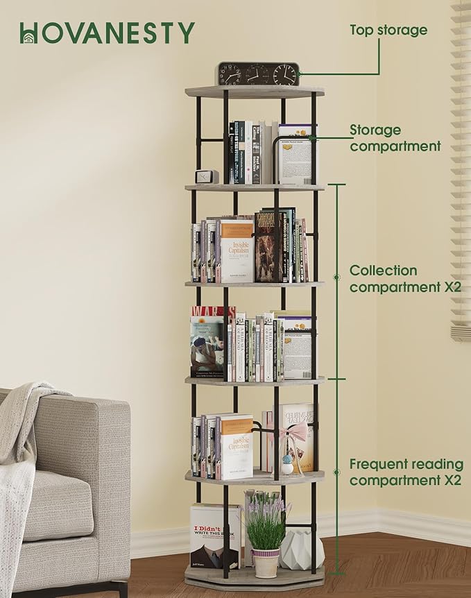 5 Tier Rotating Bookshelf, 360 Display Round Spinning Bookshelf Tower - Image 7