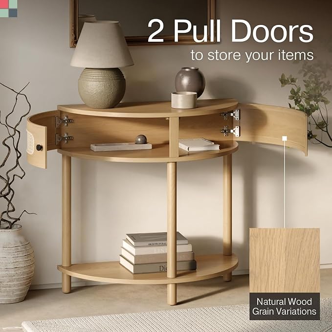 Rattan Half Moon Shaped Entry Table, Small Console Table - Image 5