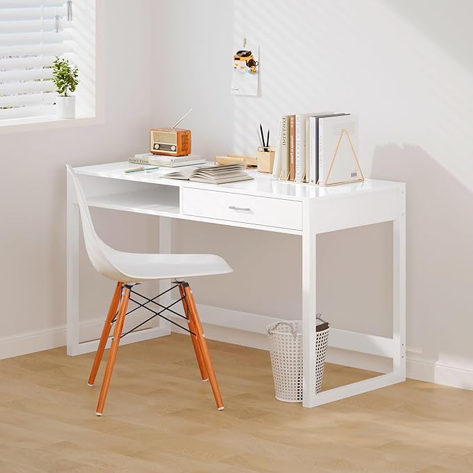 4NM 43.3" Computer Desk with Drawer, Morden White Home Office Desk, Study - Image 2