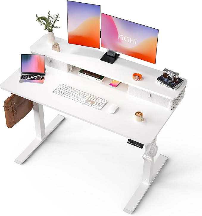 48x24 Inch Standing Desk with Double Drawers, C-Clamp Mount Compatible by FiCiHi