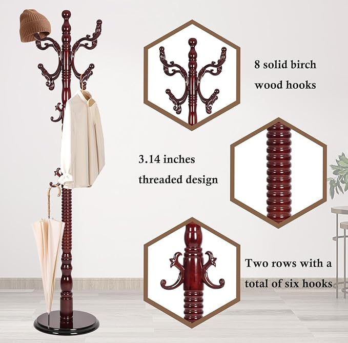 Coat Rack Stand, Solid Wooden Coat Tree - Image 5