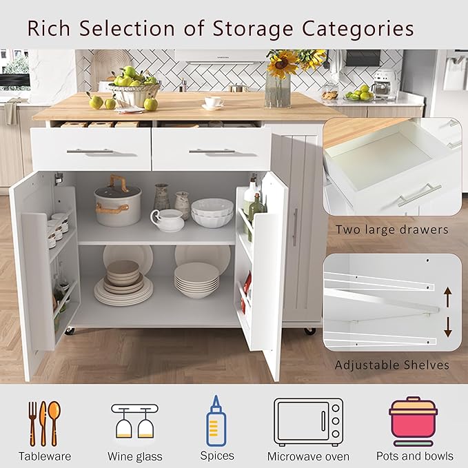 46" Kitchen Island with Drop Leaf, Kitchen Storage Cart W/ 3 Tier Pull Out - Image 3