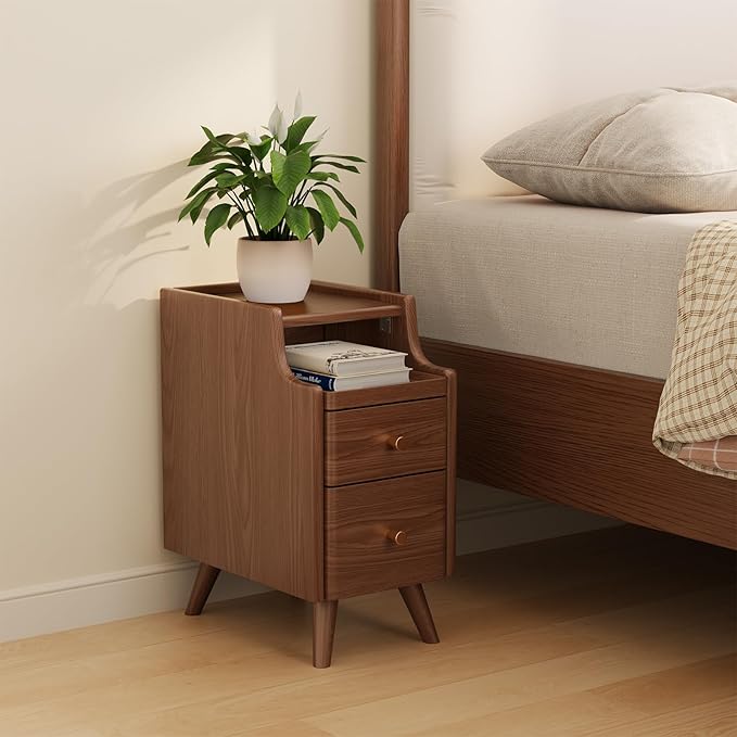 Small Nightstand with Drawers, Solid Wood Bedside Table, Narrow Walnut by AQIMUELE-Solidwoodfurniture