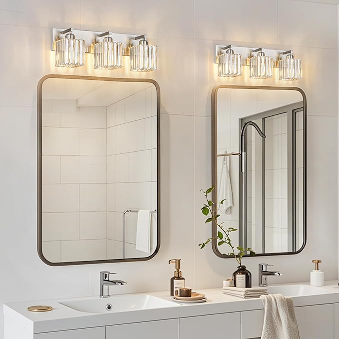 Modern Vanity Light 3-Lights Brushed Nickel Vanity Light Crystal Bathroom Wall - Image 3