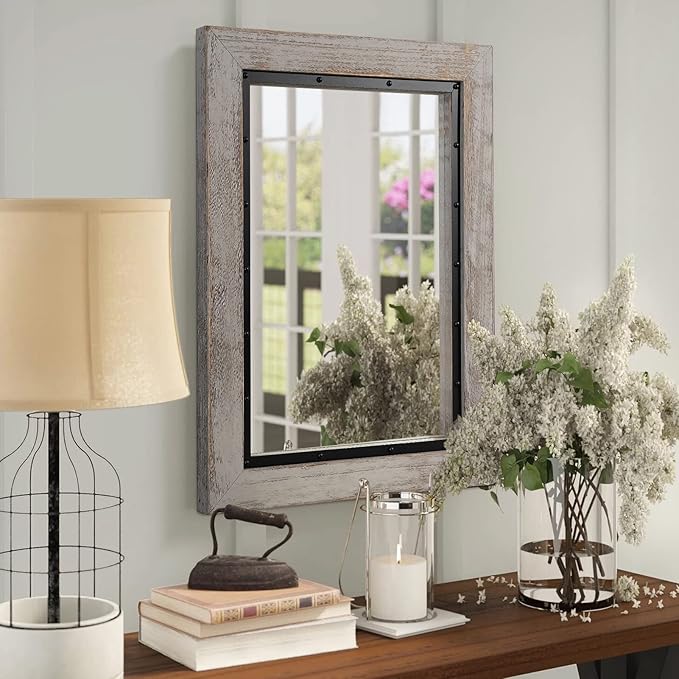 YOSHOOT Rustic Wooden Framed Wall Mirror, Natural Wood and Iron Bathroom Vanity - Image 5