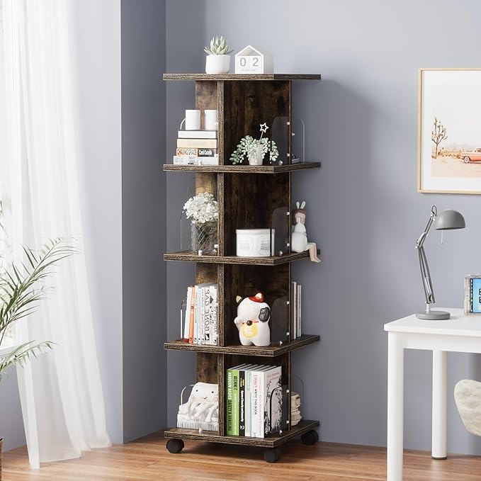 VECELO Rotating Bookshelf with Brake Wheels, 360°Display 4 Tier Floor Stackable - Image 4