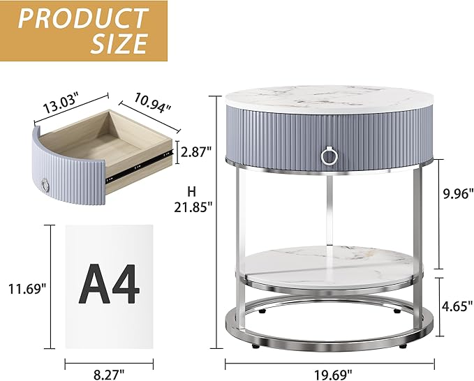 OIOG Modern End Table with Drawer, 2 Tier Side Table with Shelf, Round - Image 2