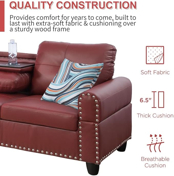 LeatherL Shaped Couch with Ottoman, Modern Nail-Head Design Comfy Sectional - Image 3