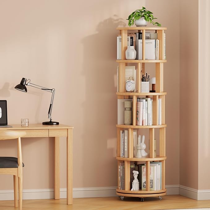 Solid Wood Rotating Bookshelf on Wheels, 5 Tier, Round Revolving Bookcase - Image 9