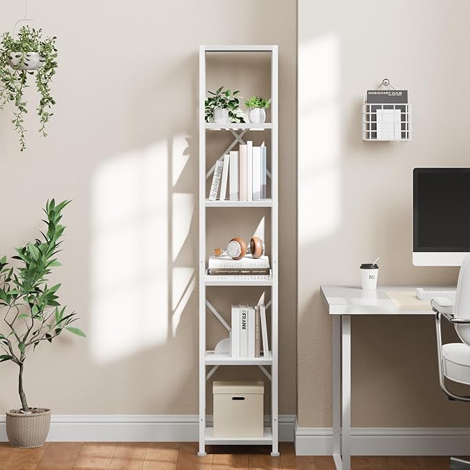 Furologee White Bookshelf 6 Tier Tall Narrow Bookcase, Modern Display Standing - Image 5