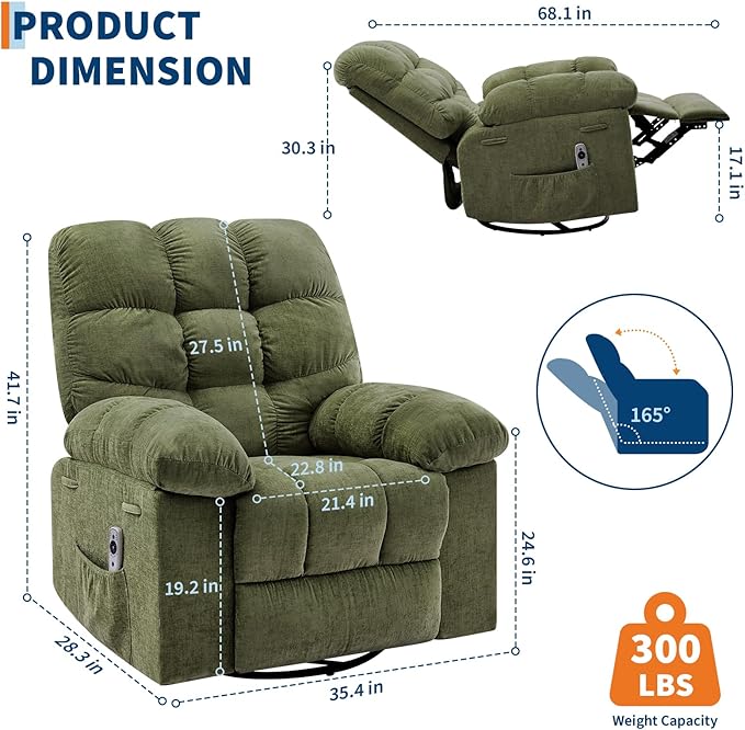 Rocking Recliner Chair with Vibration Massage & Heat, 360° Swivel Oversized - Image 3