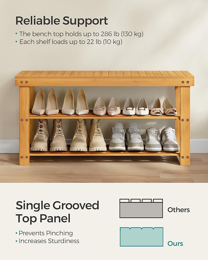 SONGMICS Shoe Rack Bench, 3-Tier Bamboo Shoe Storage Organizer, Entryway Bench - Image 4