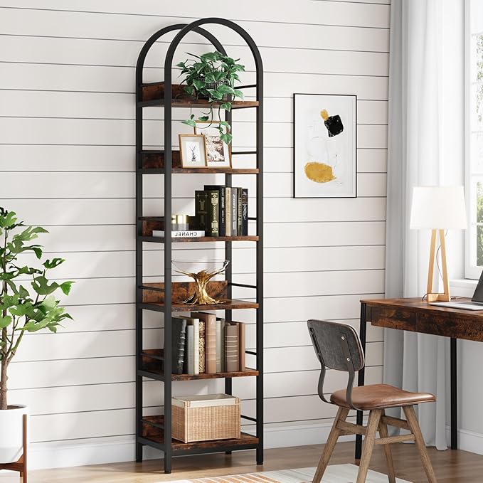 LITTLE TREE 78.7 Inches Tall Arched Bookshelf, 6 Tiers Skinny Open Bookcase - Image 2