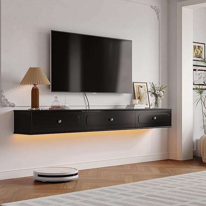 Retro Floating TV Console with 3 Doors, Wall Mounted TV Cabinet, Contemporary by Furninova