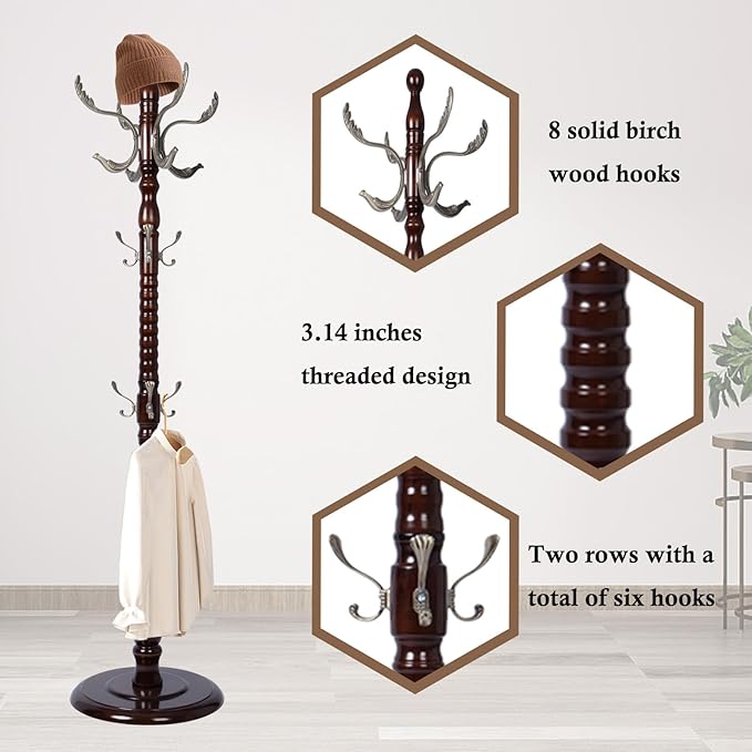 Coat Rack Stand, Solid Wooden Coat Tree - Image 5