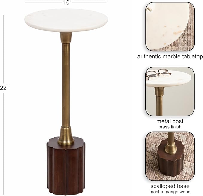 Kate and Laurel Nisha Traditional Marble Round Drink Table, Antique Brass - Image 3