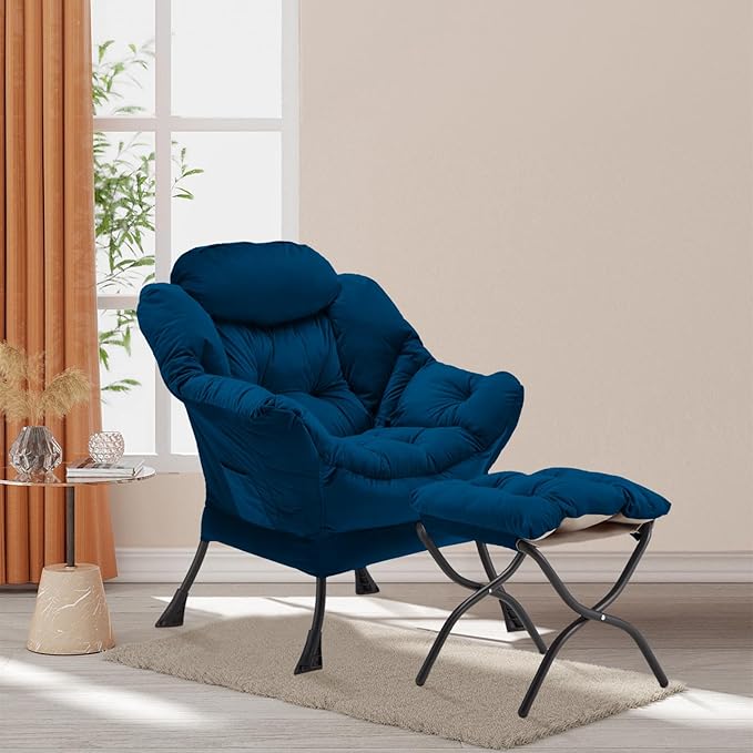 Lazy Chair with Folding Ottoman, Accent Chair Velvet Upholstered with Metal - Image 2