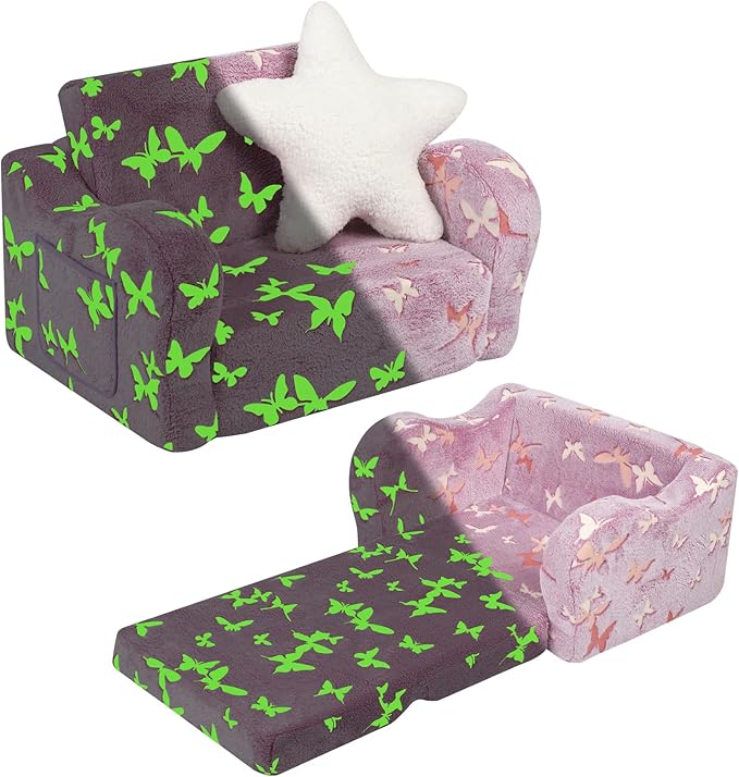 Butterfly Glow in The Dark Toddler Couch, 2-in-1 Toddler Soft Couch Fold Out by MOMCAYWEX