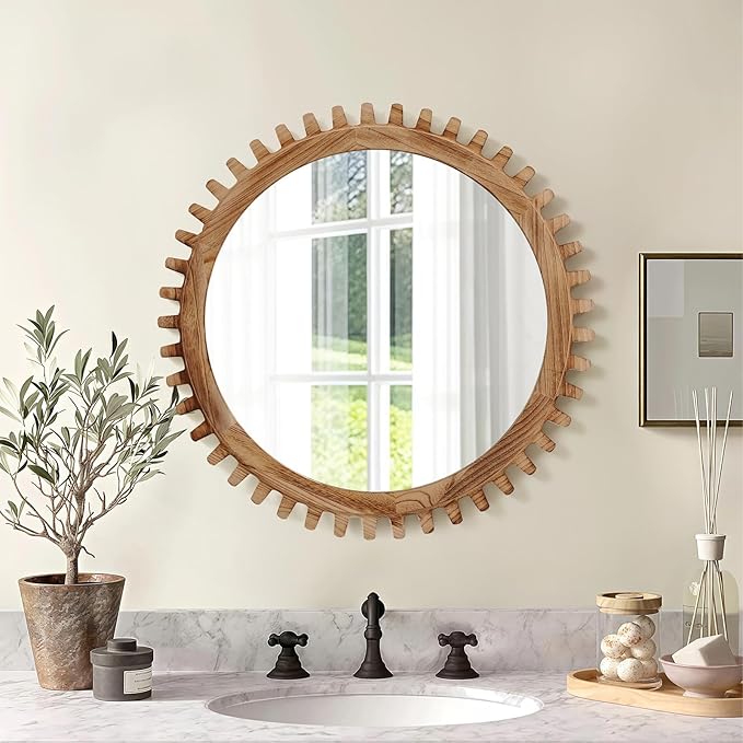 ULIKE Round Wood Mirror, 24 Inch Rustic Farmhouse Circle Mirror - Image 2