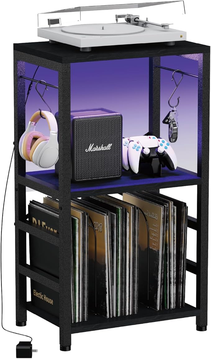 End Table with LED Light, Record Player Stand with Albums Storage, Vinyl by YAKANJ