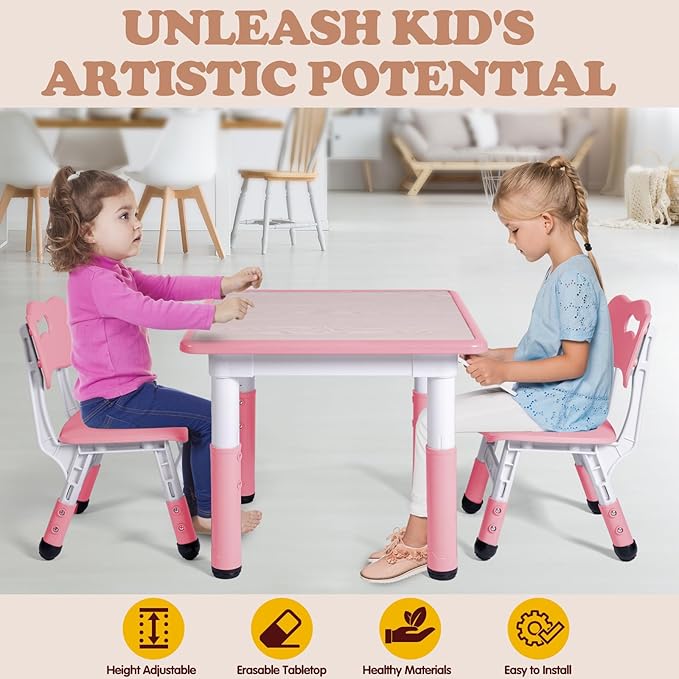 Kids Table and 2 Chairs Set, Height Adjustable Toddler Study Table and Chair Set - Image 3