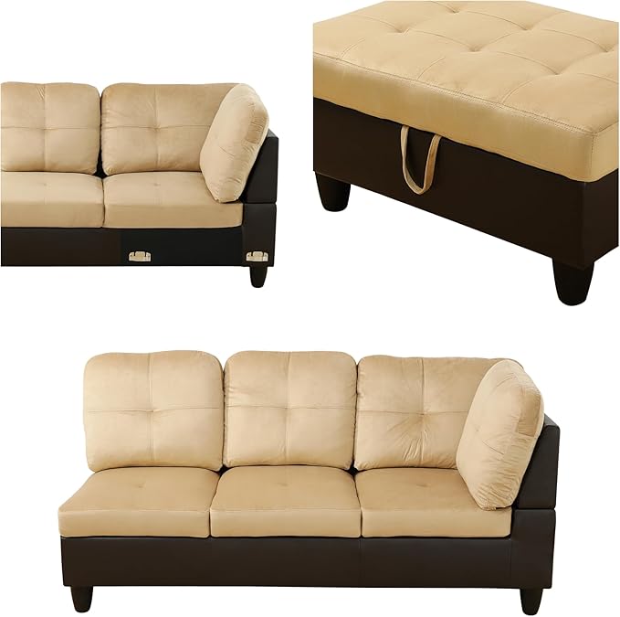L Shaped Sectional Sofa with Ottoman, Color Blocking Flannel Leather Right - Image 4