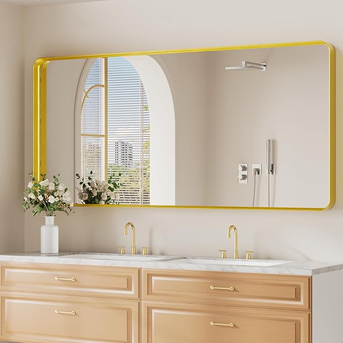 Koonmi Gold Bathroom Mirror for Wall, 30x71 Inch Matte Metal Deep Framed by KOONMI