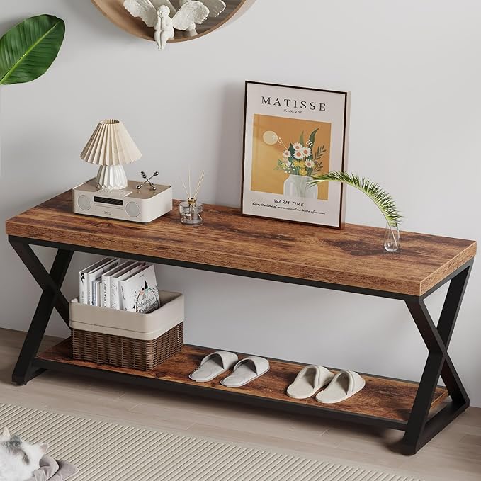 IBF Farmhouse Wood Bench, Industrial Storage Entryway Indoor Bench by IBF