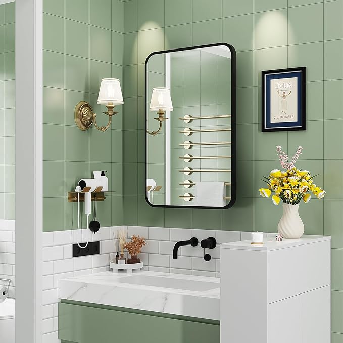 16x24 Inch Black Mirror Medicine Cabinet Metal Framed Recessed Wall Mounted - Image 4
