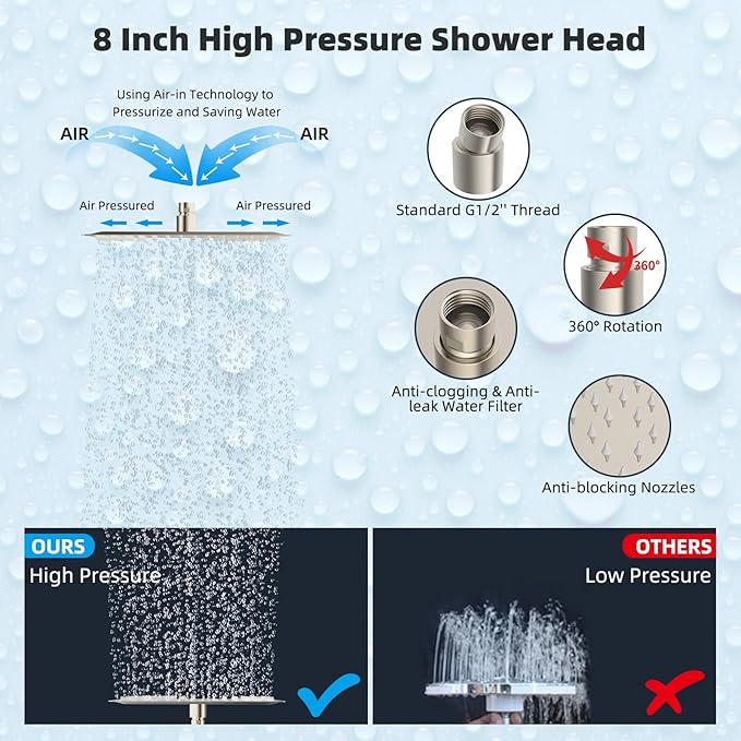 Hibbent All Metal 8'' Rainfall Shower Head, Shower Head Combo, High Pressure - Image 4