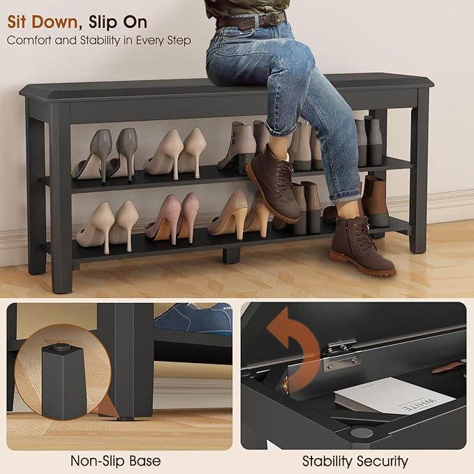 Shoe Rack Bench Seat Rubberwood 2-Tier Wooden Storage Bench 550lbs Compact - Image 7
