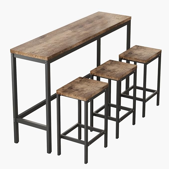 KEIKI 60.24” Long Bar High Top Dining Table and 3 Stools Chairs Set, Wood - Image 6